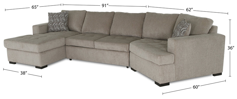 Sofa-lit sectionnel enveloppant de droite Legend 3 pièces fabriqué au Canada en tissu de chenille avec fauteuil long - beige platine