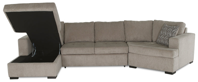 Sofa-lit sectionnel enveloppant de droite Legend 3 pièces fabriqué au Canada en tissu de chenille avec fauteuil long - beige platine