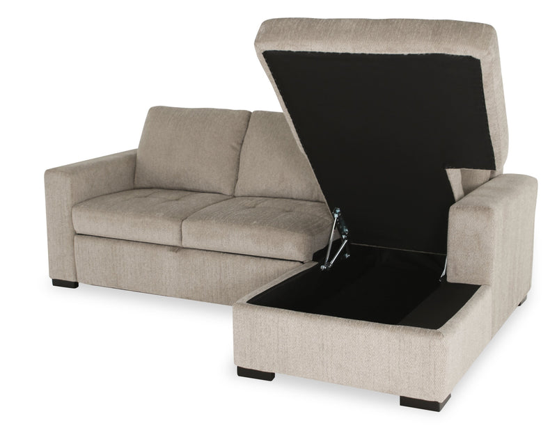 Sofa-lit sectionnel de droite Legend 2 pièces fabriqué au Canada en tissu de chenille avec fauteuil long de rangement - beige platine