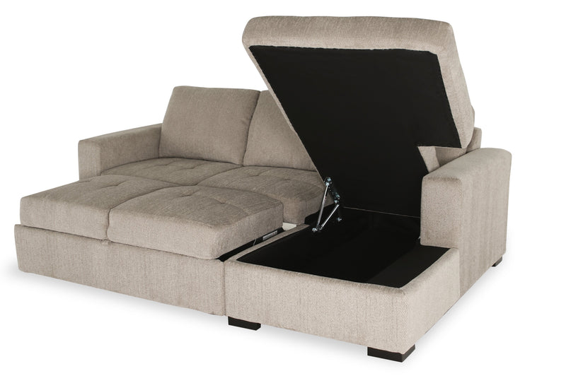 Sofa-lit sectionnel de droite Legend 2 pièces fabriqué au Canada en tissu de chenille avec fauteuil long de rangement - beige platine