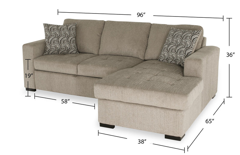 Sofa-lit sectionnel de droite Legend 2 pièces fabriqué au Canada en tissu de chenille avec fauteuil long de rangement - beige platine