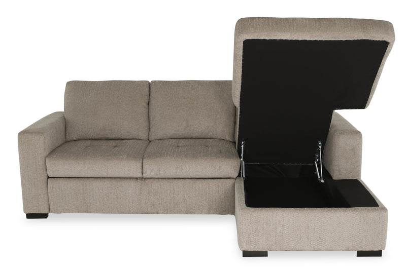 Sofa-lit sectionnel de droite Legend 2 pièces fabriqué au Canada en tissu de chenille avec fauteuil long de rangement - beige platine
