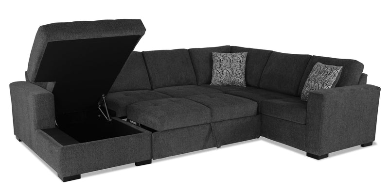 Sofa-lit sectionnel de gauche Legend 3 pièces fabriqué au Canada en tissu de chenille avec fauteuil long de rangement - gris poivre