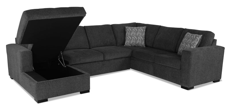 Sofa-lit sectionnel de gauche Legend 3 pièces fabriqué au Canada en tissu de chenille avec fauteuil long de rangement - gris poivre