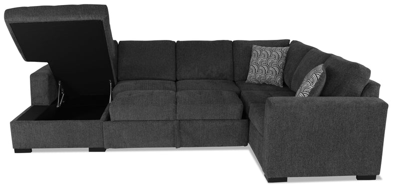 Sofa-lit sectionnel de gauche Legend 3 pièces fabriqué au Canada en tissu de chenille avec fauteuil long de rangement - gris poivre