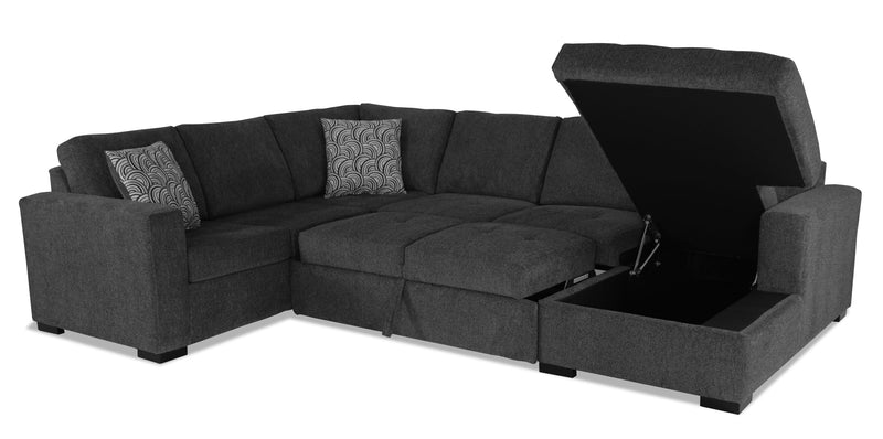 Sofa-lit sectionnel de droite Legend 3 pièces fabriqué au Canada en tissu de chenille avec fauteuil long de rangement - gris poivre