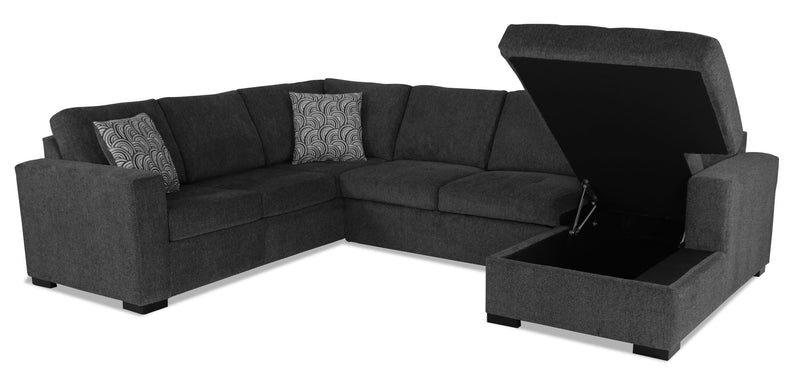 Sofa-lit sectionnel de droite Legend 3 pièces fabriqué au Canada en tissu de chenille avec fauteuil long de rangement - gris poivre