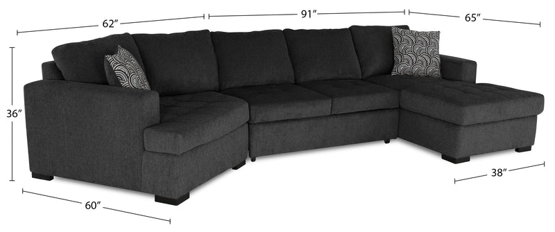 Sofa-lit sectionnel enveloppant de gauche Legend 3 pièces fabriqué au Canada en tissu de chenille avec fauteuil long - gris poivre