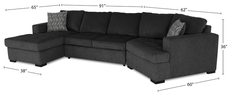Sofa-lit sectionnel enveloppant de droite Legend 3 pièces fabriqué au Canada en tissu de chenille avec fauteuil long - gris poivre