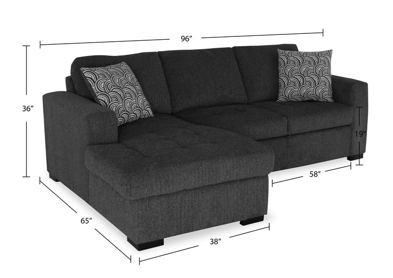 Sofa-lit sectionnel de gauche Legend 2 pièces fabriqué au Canada en tissu de chenille avec fauteuil long de rangement - gris poivre