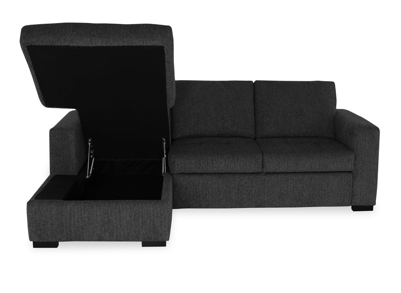 Sofa-lit sectionnel de gauche Legend 2 pièces fabriqué au Canada en tissu de chenille avec fauteuil long de rangement - gris poivre