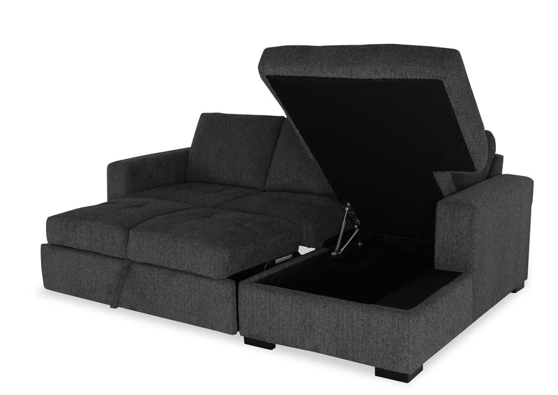 Sofa-lit sectionnel de droite Legend 2 pièces fabriqué au Canada en tissu de chenille avec fauteuil long de rangement - gris poivre