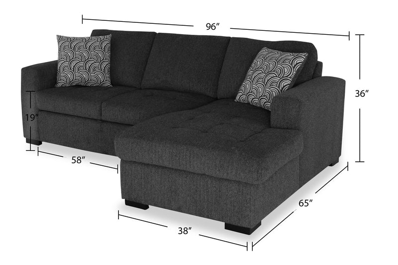 Sofa-lit sectionnel de droite Legend 2 pièces fabriqué au Canada en tissu de chenille avec fauteuil long de rangement - gris poivre