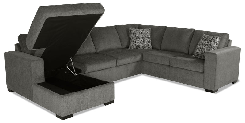 Sofa-lit sectionnel de gauche Legend 3 pièces fabriqué au Canada en tissu de chenille avec fauteuil long de rangement - brun étain