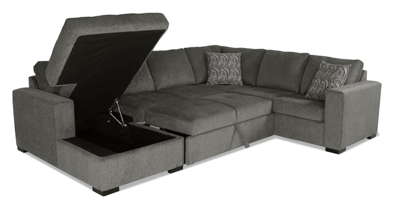Sofa-lit sectionnel de gauche Legend 3 pièces fabriqué au Canada en tissu de chenille avec fauteuil long de rangement - brun étain
