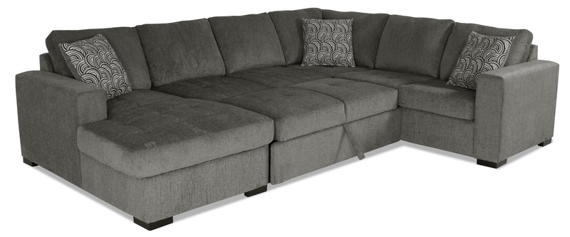 Sofa-lit sectionnel de gauche Legend 3 pièces fabriqué au Canada en tissu de chenille avec fauteuil long de rangement - brun étain