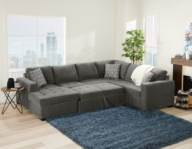 Sofa-lit sectionnel de gauche Legend 3 pièces fabriqué au Canada en tissu de chenille avec fauteuil long de rangement - brun étain