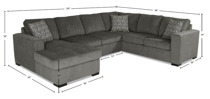Sofa-lit sectionnel de gauche Legend 3 pièces fabriqué au Canada en tissu de chenille avec fauteuil long de rangement - brun étain