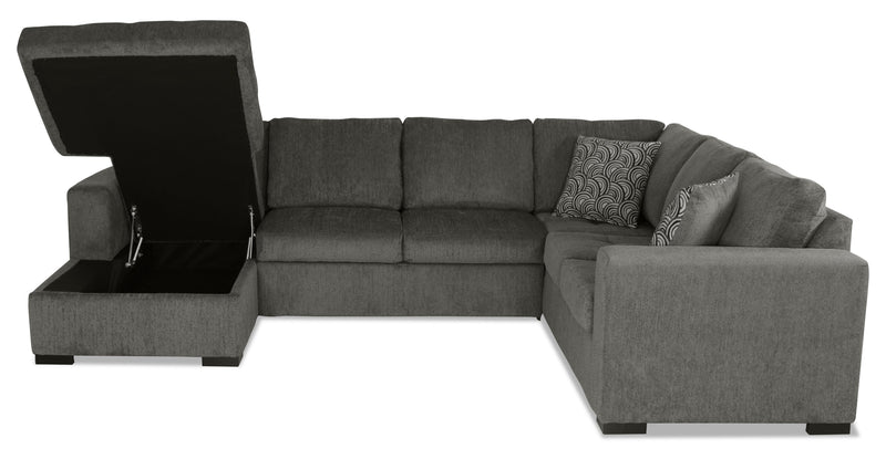 Sofa-lit sectionnel de gauche Legend 3 pièces fabriqué au Canada en tissu de chenille avec fauteuil long de rangement - brun étain