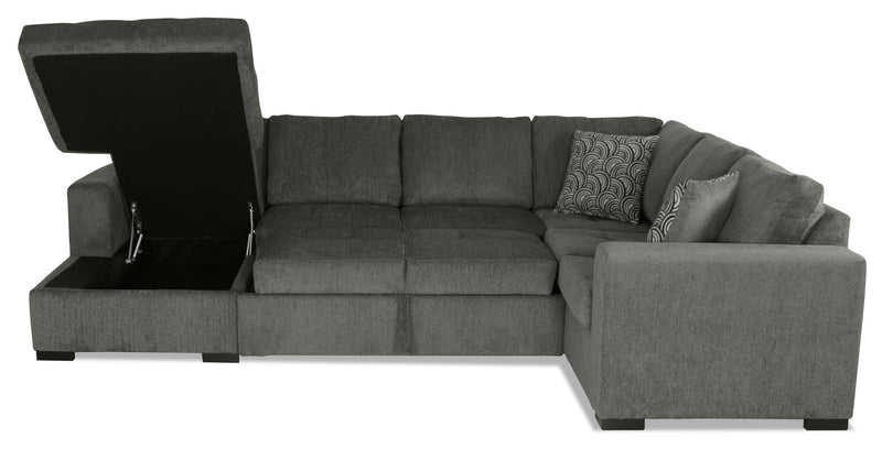 Sofa-lit sectionnel de gauche Legend 3 pièces fabriqué au Canada en tissu de chenille avec fauteuil long de rangement - brun étain