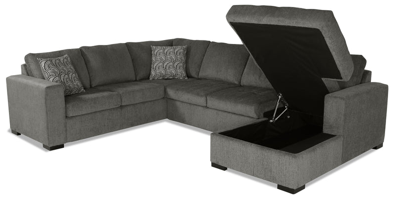 Sofa-lit sectionnel de droite Legend 3 pièces fabriqué au Canada en tissu de chenille avec fauteuil long de rangement - brun étain