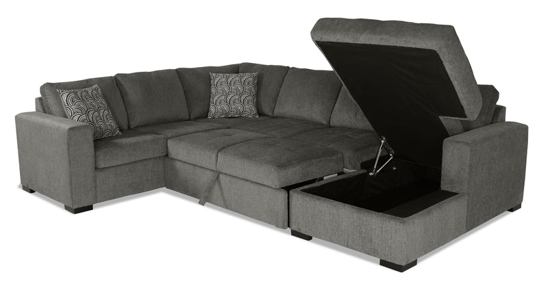 Sofa-lit sectionnel de droite Legend 3 pièces fabriqué au Canada en tissu de chenille avec fauteuil long de rangement - brun étain