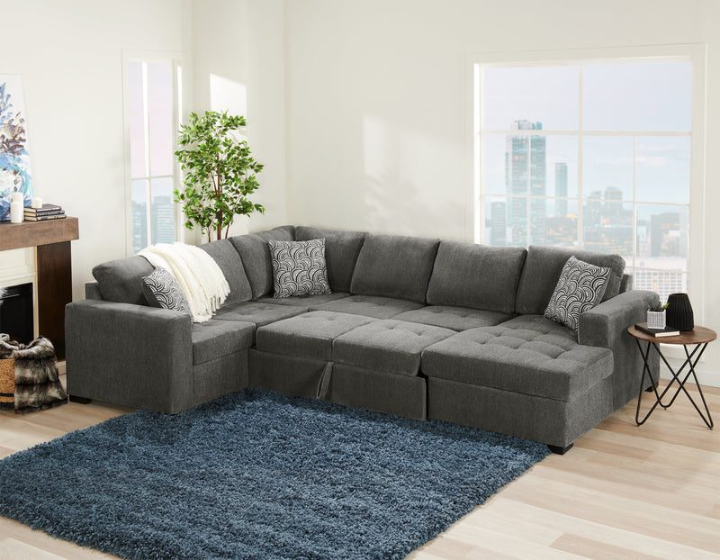 Sofa-lit sectionnel de droite Legend 3 pièces fabriqué au Canada en tissu de chenille avec fauteuil long de rangement - brun étain