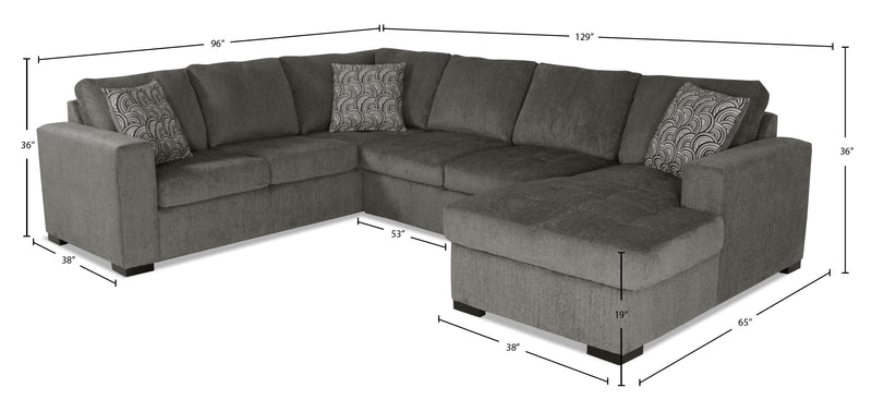 Sofa-lit sectionnel de droite Legend 3 pièces fabriqué au Canada en tissu de chenille avec fauteuil long de rangement - brun étain