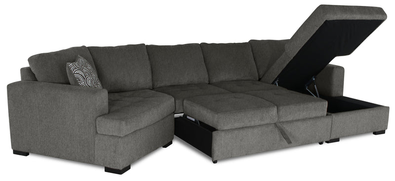 Sofa-lit sectionnel enveloppant de gauche Legend 3 pièces fabriqué au Canada en tissu de chenille avec fauteuil long - brun étain