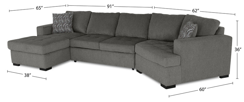 Sofa-lit sectionnel enveloppant de droite Legend 3 pièces fabriqué au Canada en tissu de chenille avec fauteuil long - brun étain