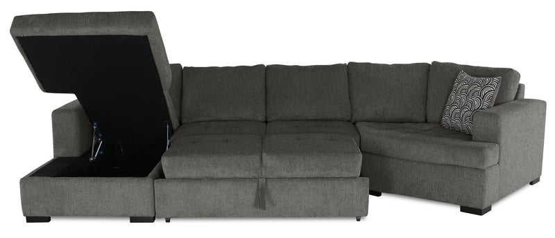 Sofa-lit sectionnel enveloppant de droite Legend 3 pièces fabriqué au Canada en tissu de chenille avec fauteuil long - brun étain