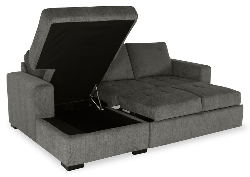 Sofa-lit sectionnel de gauche Legend 2 pièces fabriqué au Canada en tissu de chenille avec fauteuil long de rangement - brun étain