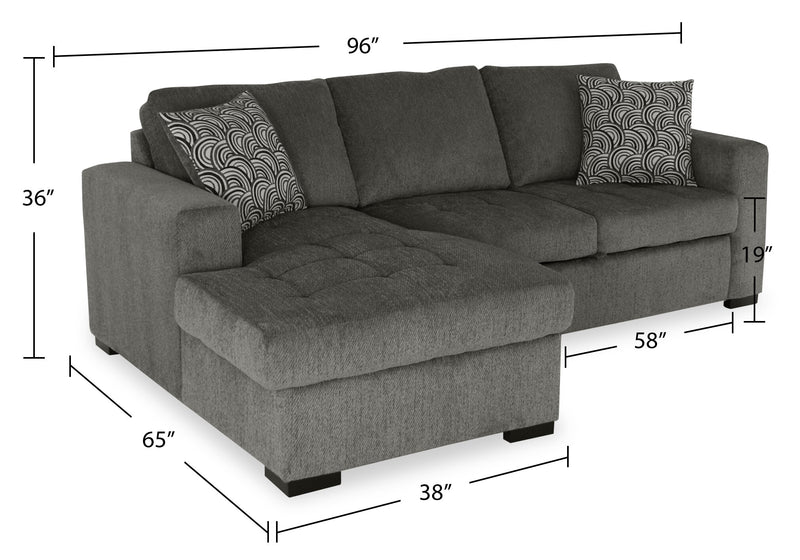 Sofa-lit sectionnel de gauche Legend 2 pièces fabriqué au Canada en tissu de chenille avec fauteuil long de rangement - brun étain