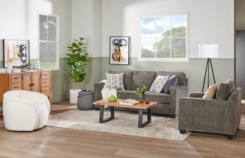 Fauteuil Lennox de 35 po fabriqué au Canada en tissu de chenille avec coussins réversibles et accoudoirs rectilignes - gris