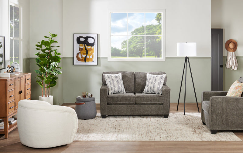 Causeuse Lennox de 57 po fabriquée au Canada en tissu de chenille avec coussins réversibles et coussins décoratifs - grise