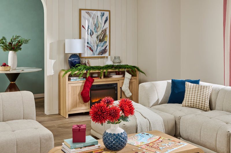 Meuble pour téléviseur Scott Living Lenore de 60 po avec foyer électrique et rangement - naturel