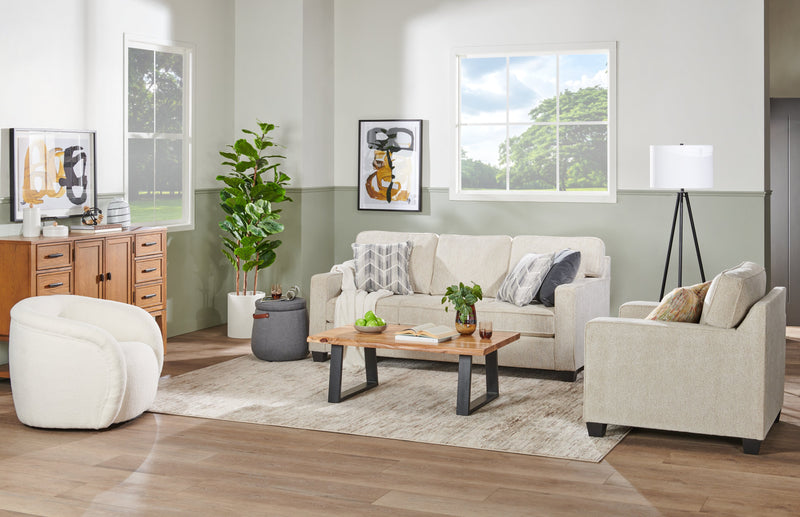 Fauteuil Lennox de 35 po fabriqué au Canada en tissu de chenille avec coussins réversibles et accoudoirs rectilignes - taupe