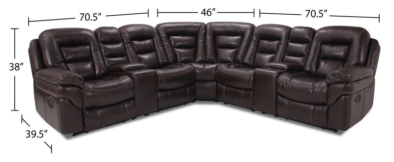 Sofa sectionnel inclinable Leo 7 pièces en tissu d’apparence cuir avec consoles de rangement et porte-gobelets - brun noyer