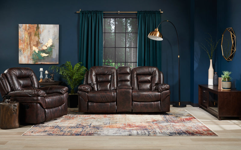 Causeuse coulissante inclinable Leo de 78 po en tissu d’apparence cuir avec console de rangement - brun noyer