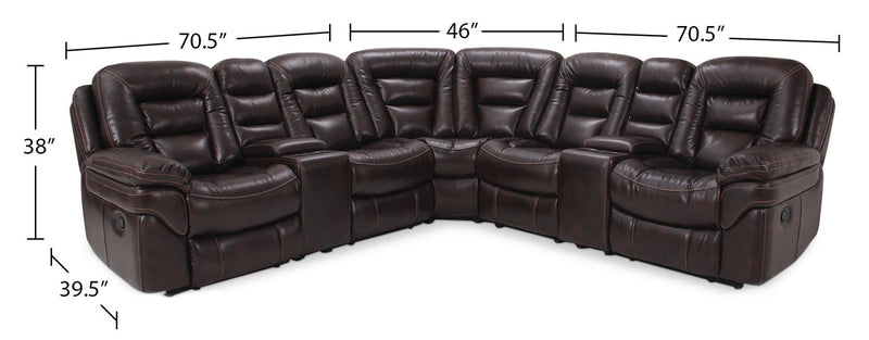 Sofa sectionnel à inclinaison électrique Leo 7 pièces en similicuir avec consoles de rangement et porte-gobelets - brun noyer