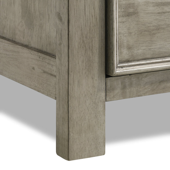 Ensemble de chambre à coucher Levi 6 pièces en bois avec lit de rangement, commode, miroir et table de nuit, gris bois de grève - format grand lit