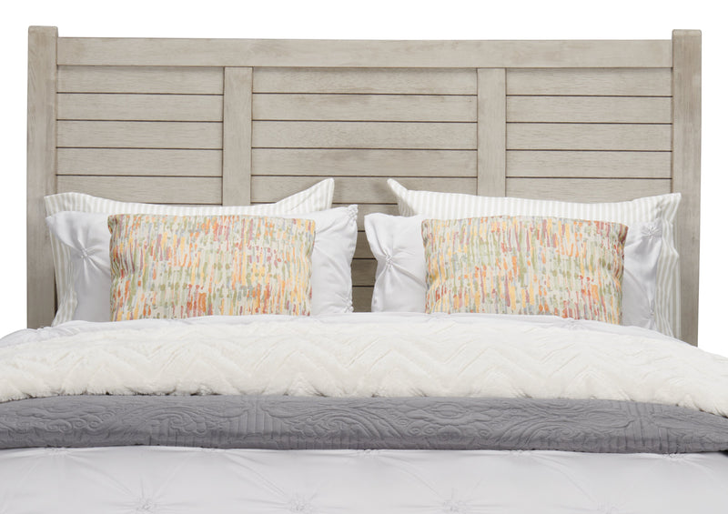 Lit plateforme de rangement Levi en bois avec tête de lit et cadre de lit, gris bois de grève - format grand lit