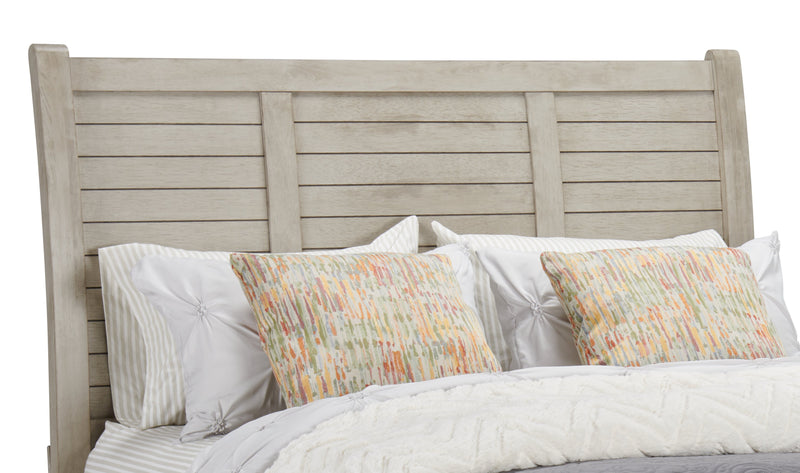 Lit plateforme de rangement Levi en bois avec tête de lit et cadre de lit, gris bois de grève - format grand lit