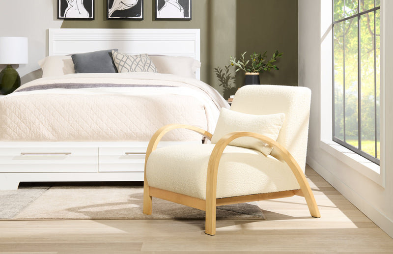 Fauteuil d’appoint Loft de 27,55 po en tissu bouclé avec coussin décoratif, accoudoirs et pattes en bois - blanc