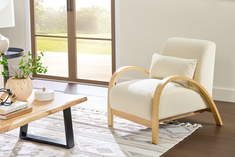 Fauteuil d’appoint Loft de 27,55 po en tissu bouclé avec coussin décoratif, accoudoirs et pattes en bois - blanc