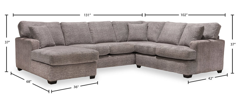 Sofa sectionnel de gauche Luxe 3 pièces fabriqué au Canada en tissu avec coussins amovibles - gris colombe Zaftig