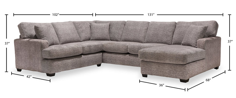 Sofa sectionnel de droite Luxe 3 pièces fabriqué au Canada en tissu avec coussins amovibles - gris colombe Zaftig