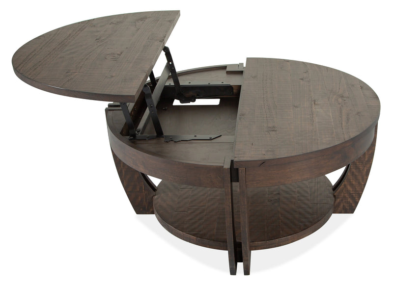 Table à café ronde traditionnelle Lyndale de 38 po avec dessus relevable, rangement et tablette - pin brun