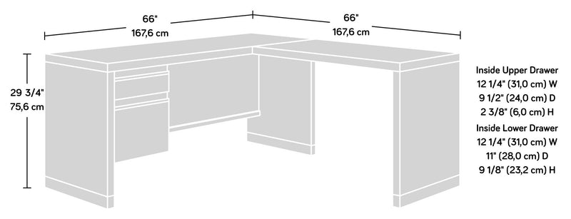 Bureau en forme de L Manhattan Gate de 65,98 po de qualité commerciale à 2 tiroirs - chêne mystique