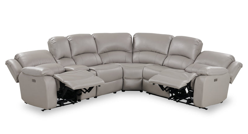 Sofa sectionnel à inclinaison électrique Marcel 6 pièces en cuir véritable avec console de rangement et port USB - gris